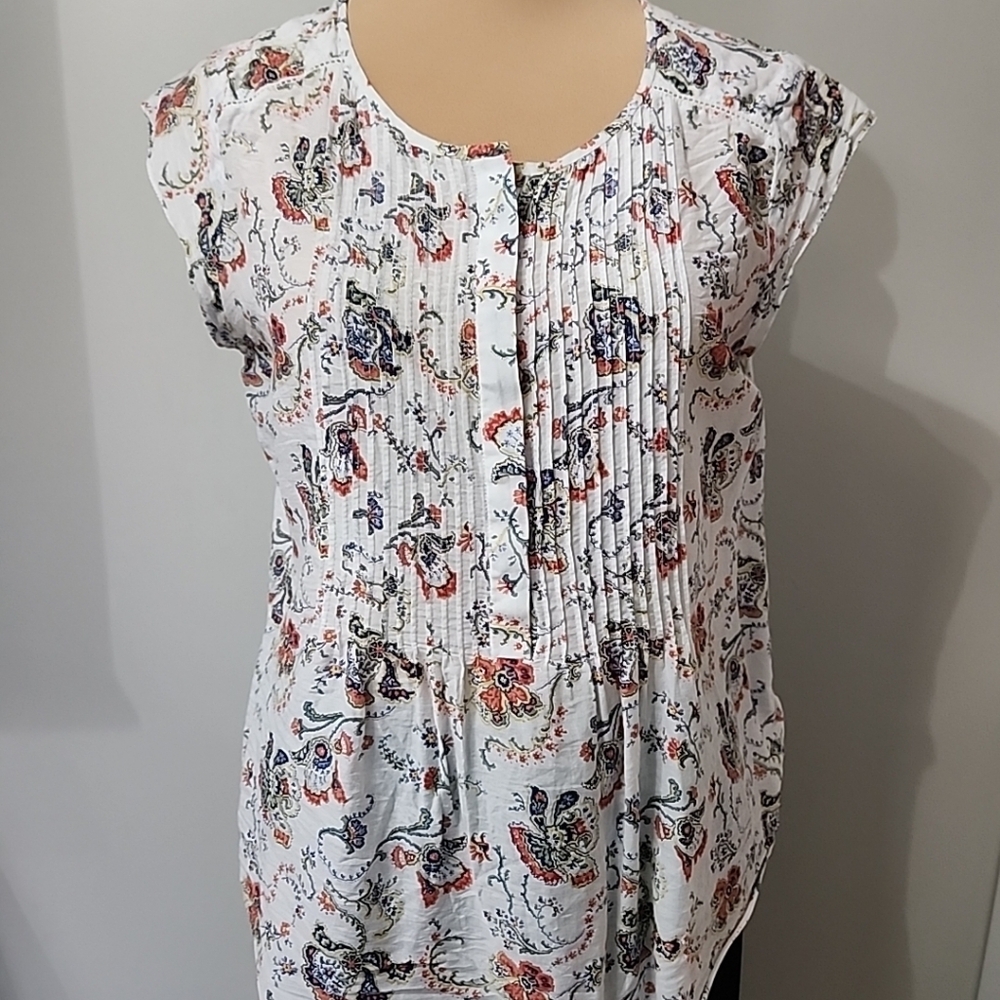 Joie XXS Floral Silk Cotton Pintuck Pleat Cap Sleeve Bohemian Blouse White Multi